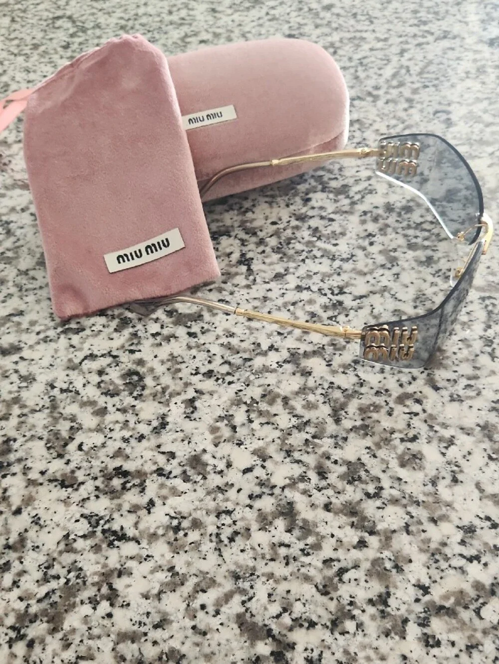 Miu Miu Gold and Black Rimless Sunglasses with Pink Velvet Case